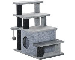 Krabpaal: Krabpaal-kattentrap-4 treden-speelbal-huisje-in hoogte verstelbaar-zwart+grijs-60 x 40 x 66 cm