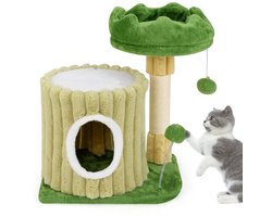 Krabpaal Klein Kattenboom met Platform Sisal-Krabzuil Kattenhol & 2 Ballen Kattenkrabpaal van Hout en Pluche Klimboom Groen