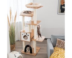 Krabpaal – Krabmeubel – Kattenmeubel – Klimpaal – Kattenklimrek – Houten Krabpaal Beige – 6 Niveaus Met Sisal – Uitneembare Wasbare Kussens