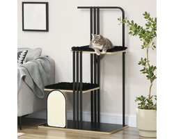 Krabpaal – Krabmeubel – Krabton – Kattenmeubel – Krabpaal Industrieel – Stalen Frame – 2 Platforms Met Wasbare Kussens – Natuurlijke Sisal Krabwand – Zwart – 85x48x128 cm