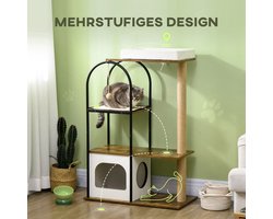 Krabpaal – Krabmeubel – Krabton – Klimpaal – Kattenhuis – 4 Niveaus – Kantelbescherming – 80x40x118,5 cm – Bruin/Wit