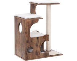 Krabpaal - Krabpaal Met 3 Ligplaatsen - Kattenklimboom - Kattenmeubelboom - Hoge Kattenkrabpaal - Kattenkrabpaal - Imitatiebont - MDF - Vintage Bruin-wit - 66 x 42 x 88 cm (L x B x H )