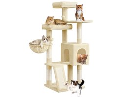 Krabpaal - Krabpaal voor Katten - kattenboom met meerdere verdiepingen - met 4 krabpalen - hangmatten en een grot - beige -136 cm hoog