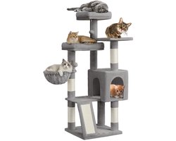 Krabpaal - Krabpaal voor Katten - kattenboom met meerdere verdiepingen - met 4 krabpalen - hangmatten en een grot - lichtgrijs -136 cm hoog