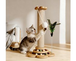 Krabpaal: Krabpaal –krabpaal voor katten - krabmeubel voor binnenkatten – met speelbaan met 2 niveaus en balletjes, plus 2 hangende speeltjes – stevige 4-in-1 interactieve krabpaal en speeltje