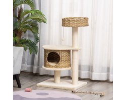 Krabpaal: Krabpaal – Meerlaags Met Kattenhuis En Speelbal – 55 x 47 x 95 cm – Rotan, Pluche En Sisal – Naturel En Beige – Voor Kleine Katten