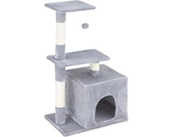 Krabpaal met 2 etages en hondenhok voor katten, grijs sisal