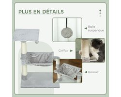 Krabpaal: Krabpaal met 3 krabpalen- natuurlijk sisal- platform- hangmat en hangende bal- 50 x 26 x 70 cm- kort pluche- grijs