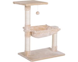 Krabpaal: Krabpaal met 3 krabpalen - natuurlijk sisal - platform - hangmat en hangende bal - afmetingen 50L x 36B x 70H cm - kort beige pluche