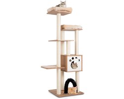 Krabpaal met 6 Verdiepingen Kattenboom met Gezellige Matten Grot en Kattenboog Kattenmeubels Klimboom Speelboom Beige 176 cm Hout