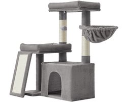 Krabpaal: Krabpaal met grot - Krabpaal met helling en mand - 2 grote platforms - 92,5 x 58,9 x 85,8 cm - Lichtgrijs