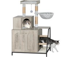 Krabpaal met Kattenbakkast - 4‑in‑1 Kattenhuis met Hangmat & Platform - 80×50×121 cm (B×D×H) - Kattenhuis met Sisal krabmat