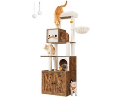 Krabpaal met Kattenbakkast – Kattenboom 185 cm – Krabzuil met Platform – Vintage bruin