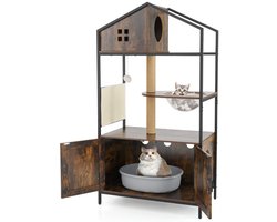 Krabpaal met Kattenbakkast Kattenkast voor Kattentoilet Kattenboom met Kattenhuis Jutepalen Kamercapsule en Krabmat Bruin