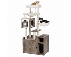 Krabpaal: Krabpaal met kattenbakkast - met 2 voerbakjes - houtlook