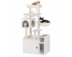 Krabpaal: Krabpaal met kattenbakkast - met 2 voerbakjes - wit