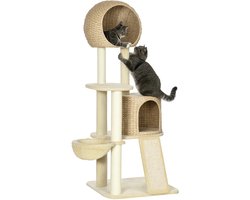 Krabpaal: Krabpaal met kattenhuis-meerdere plateaus-hangmat-krabmat-anti-kantelvoorziening-beige-60 x 60 x 150 cm