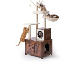 Krabpaal: Krabpaal met kattenkast - 150 x 60 x 49 cm - donkerbruin-wit