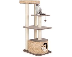 Krabpaal met kattenmand – 131 cm – Met platforms, zitstang & kussens – Speelbal – Koffie/naturel