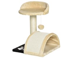 Krabpaal Met Sisal Krabpaal, Krabplank, Rustplatform en Hangend Speelgoed Ballen, Stevige Houten Frame, Zachte Pluche Bekleding, Geschikt voor Kleine Katten, 35,5x37x46 cm Beige