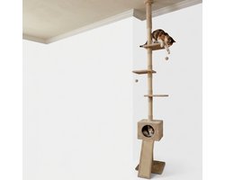 Krabpaal Plafond Beige - Verstelbaar 233-265 cm - Kattenboom Plafond met Kattenhuisje, Sisal en Pluche - Vloer tot Plafond Krabpaal voor Katten
