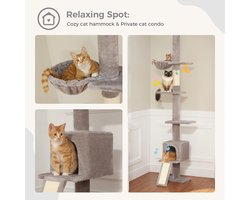 Krabpaal plafondhoog, krabpaal verstelbaar van vloer tot plafond, in hoogte verstelbaar (216-273cm), kattentoren met hangmat en kattengrot, anti-valband grijs