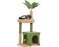 Krabpaal: Krabpaal - speeltoren voor katten met een schuilplaats - bed - krabpalen - ballen en kunstbladeren - 44 x 30 x 98 cm - groen