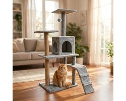 Krabpaal: Krabpaal voor Grote Katten - 120x52x38 cm - Krabpalen - Kattenmeubel - met Kattenhuis, Sisalpalen en Trapje - Stabiele Kattenboom - Meerdere Niveaus - Speeltoestel met Speelballetje - Zacht Pluche - Geschikt voor Kittens en Volwassen Katten