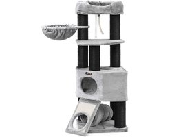 Krabpaal - Voor Grote Katten - Kattenpaal - Met Hangmat - 141 cm - Meerdere Verdiepingen - Stabiele Basis Cave - Krabplank - Dikke Sisal Kolommen - Arbre a Chat - Hoge Stabiliteit - Zachte Pluche Kussens - Grijs