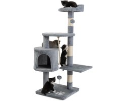 Krabpaal voor katten - 2 pluche ballen, speeltouw, hoogte 112 cm, sisaltouw, comfortabele ligplaats & hol, geschikt voor kleine & grote katten, lichtgrijs