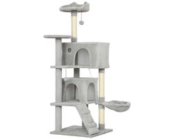 Krabpaal voor Katten 48x48x140cm Grijs Meerdere Niveaus Met Rustgebied, Hangmat, Jute Krabpaal en Speelbal Versterkte Basis en Anti-Kantelmechanisme Geschikt voor Klimmen, Rusten en Spelen voor Katten