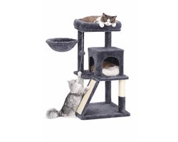 Krabpaal: Krabpaal voor Katten 96 cm – Met Kattenhuis, Hangmat & Ligplateau – Stevige Kattenboom Grijs – Geschikt voor Binnenkatten