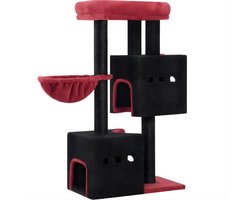 Krabpaal: Krabpaal – Voor Katten – 98 cm Stevige Kattenkrabpaal met Groot Ligvlak, Kattenhol, Sisal Krabpalen en Mand – Zwart/Rood