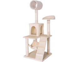 Krabpaal voor katten - hangmat & tunnel - hoogte 133 cm - sisaltouw & zacht pluche - comfortabele ligplekken - grotten - kleine & grote katten - beige