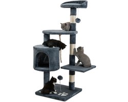 Krabpaal voor Katten - Hoogte 112 cm - Met 2 Pluche Ballen en Speeltouw - Sisaltouw - Comfortabele Ligplaats en Hol - Geschikt voor Kleine en Grote Katten - Grijs