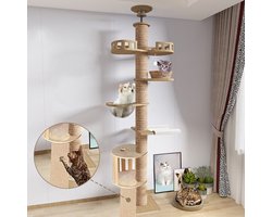 Krabpaal voor katten - Kattenboom - krabpaal plafond-Kattenhuis - 5 laag - Hoogte verstelbare - 40 x 40 x 255-275 cm - Hout