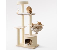 Krabpaal voor katten - Kattenklimmeubel - Spelen en rusten - Stabiele vloermontage - 60x39x135 cm - Gebroken wit hout