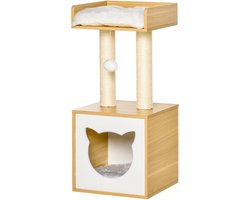 Krabpaal: krabpaal voor Katten - Kattenspeelgoed - Met Klauwpilaar, kattennest, dakterras en bal - 35x35x81cm