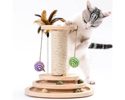 Krabpaal voor Katten - Massief hout - Drielagig Draaiend Element - Met Kattenspeeltje - 3-in-1 Speelbal voor Kittens - Draaiend Element + Krabpaal + Speelbal + Hangbal
