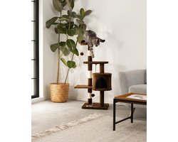 krabpaal voor katten met 2 pluche ballen & speeltouw, hoogte 112 cm, kattenboom met sisaltouw & pluche, comfortabele ligplaats & hol, geschikt voor kleine & grote katten, bruin