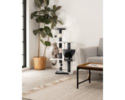 krabpaal voor katten met 2 pluche ballen & speeltouw, hoogte 112 cm, kattenboom met sisaltouw & pluche, comfortabele ligplaats & hol, geschikt voor kleine & grote katten, grijs/wit