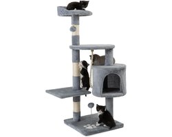 krabpaal voor katten met 2 pluche ballen & speeltouw, hoogte 112 cm, kattenboom met sisaltouw & pluche, comfortabele ligplaats & hol, geschikt voor kleine & grote katten, lichtgrijs