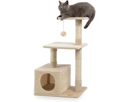 Krabpaal voor katten met hol en pluche bal incl. belletje - Hoogte 85 cm - Comfortabele ligplaats voor kleine & grote katten, beige