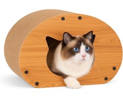 Krabpaal voor katten met huisje in kattenvorm - stijlvol krabmeubel van MDF en karton met schuilplek, rustplaats en duurzaam krabvlak voor speelse huiskatten - natuurlijk