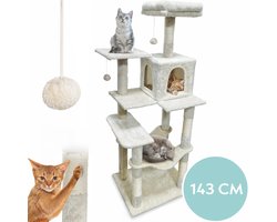 Krabpaal voor Katten met Kattenmand & Kattenspeelgoed XXL - 5 Niveaus - Hangmat - Sisal Touw - 55 x 45 x 143 cm - Incl Muurbevestiging - Krabmat - Kattenhuis - Kattenbed - Kattenpaal - Kattentoren - Kattenspeeltjes - Kattenboom - Beige - PetVille