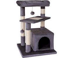 Krabpaal voor katten met ligplaats en hol, 75 cm hoog, met sisaltouw en pluche, inclusief pluche ballen met belletjes, geschikt voor kleine en grote katten