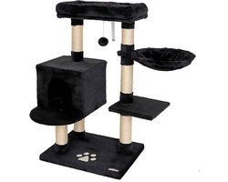 Krabpaal voor katten met pluche bal en wandbevestiging - 93 cm hoog - zwart - sisal - comfortabele ligplek - grotten - kleine en grote katten Krabpaal
