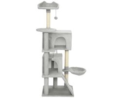 Krabpaal voor Katten Met Rustgebied, Hangmat, Jute Krabpaal en Speelbal Meerdere Niveaus Versterkte Basis en Anti-Kantelmechanisme Geschikt voor Klimmen, Rusten en Spelen voor Katten 48x48x140cm Grijs