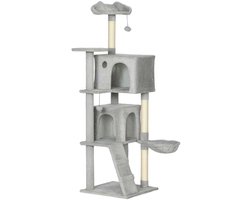 Krabpaal voor Katten Met Rustgebied, Hangmat, Jute Krabpaal en Speelbal Meerdere Niveaus Versterkte Basis en Anti-Kantelmechanisme Geschikt voor Klimmen, Rusten en Spelen voor Katten 48x48x160cm Grijs