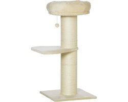 Krabpaal voor katten met sisalpalen, platform en pompon, pluche bekleding, beige kleur
